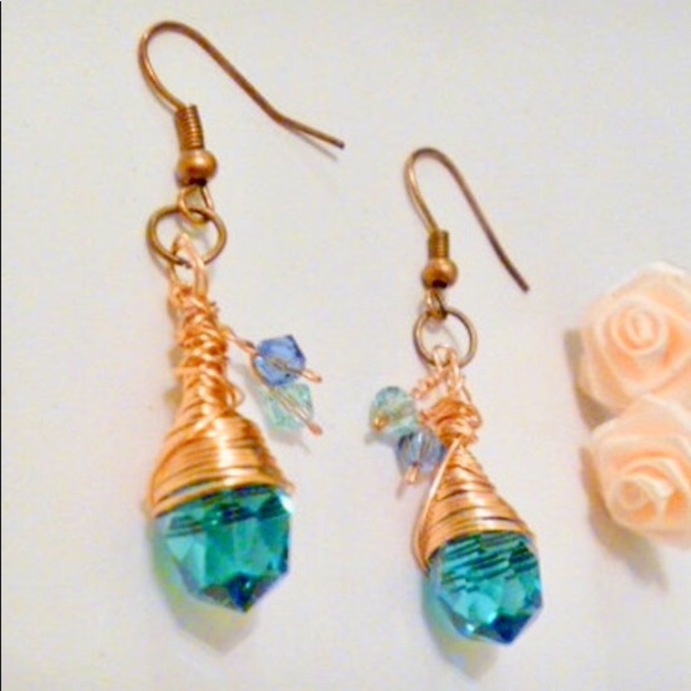 Blue crystal briolette wirewrapped earrings